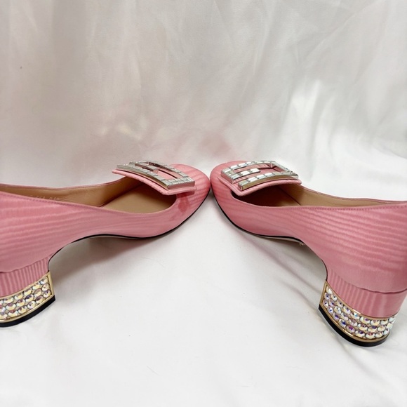 Gucci Madelyn Silk Moire Crystal G Block Heel Pump Pink EU 36.5 Designer - Picture 7 of 11